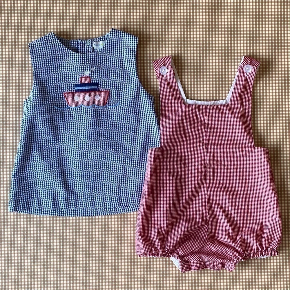 Petit Pomme Boat Seersucker Gingham Summer shirt & shortall. Red/blue.24 months